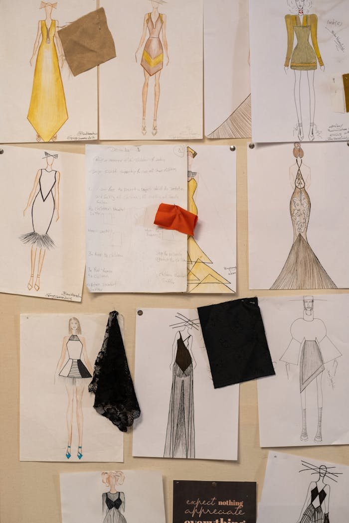 Various fashion sketches with fabric samples pinned to a wall in a tailoring studio.